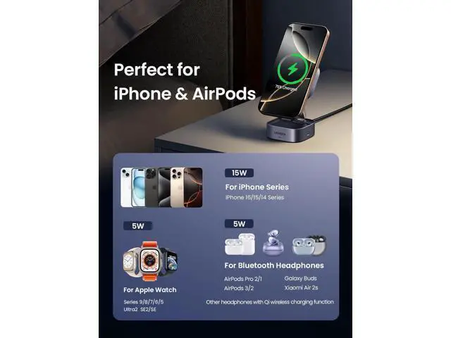 Alt view image 3 of 7 - UGREEN MagFlow Qi2 Magnetic Foldable Charging Station, 2-in-1 Fast Wireless Charger Compatible with iPhone 17/17 Air/17 Pro/17 Pro Max 16 15 14 13 12, Airpods3 2 Pro (No AC Adapter), Dark Grey