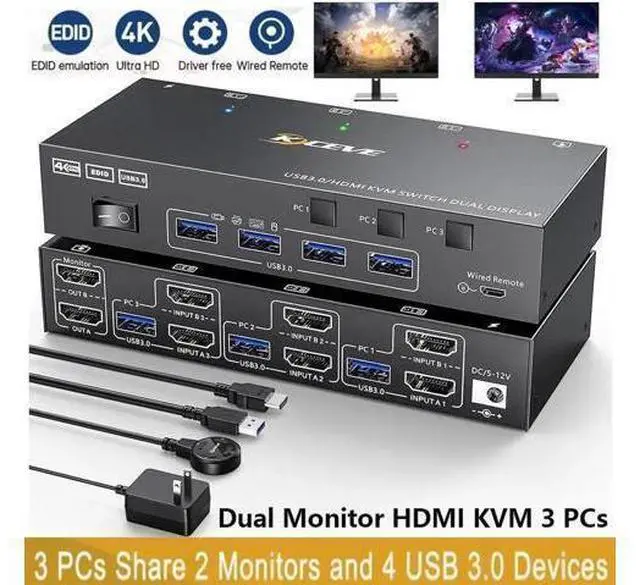 Main image of HDMI KVM Switch 2 Monitors 3 Computers 4K@60Hz, EDID Simulation, Dual Monitor HDMI USB KVM Switch for 3 Computers Share 2 Monitor and Keyboard Mouse Printer, Wired Remote and 5 Cables Included