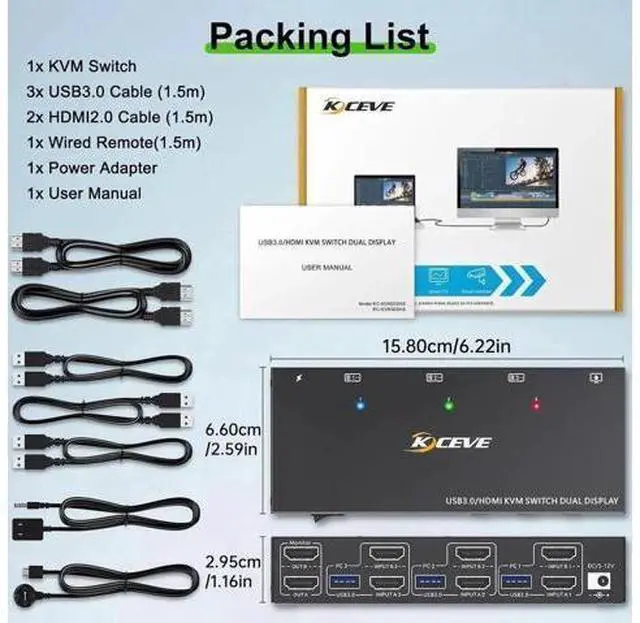 Alt view image 5 of 7 - HDMI KVM Switch 2 Monitors 3 Computers 4K@60Hz, EDID Simulation, Dual Monitor HDMI USB KVM Switch for 3 Computers Share 2 Monitor and Keyboard Mouse Printer, Wired Remote and 5 Cables Included