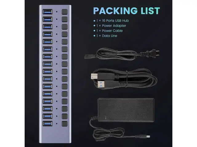 Alt view image 3 of 7 - Powered USB Hub, 16 Port USB 3.0 Hub Splitter Portable Aluminum USB Data Hub Expander with Individual On/Off Switch and Universal 12V7.5A AC Adapter, 3.3ft USB 3.0 Cable (HS082-16U)
