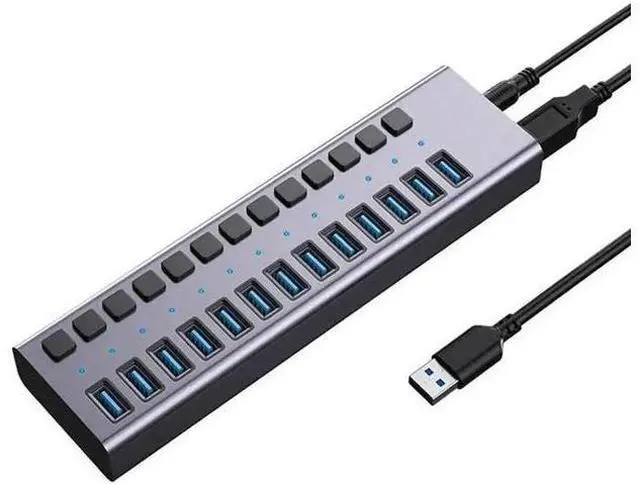 Main image of Powered USB Hub, 16 Port USB 3.0 Hub Splitter Portable Aluminum USB Data Hub Expander with Individual On/Off Switch and Universal 12V7.5A AC Adapter, 3.3ft USB 3.0 Cable (HS082-16U)