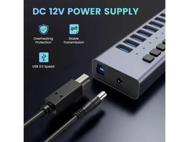 Alt view image 4 of 7 - Powered USB Hub, 16 Port USB 3.0 Hub Splitter Portable Aluminum USB Data Hub Expander with Individual On/Off Switch and Universal 12V7.5A AC Adapter, 3.3ft USB 3.0 Cable (HS082-16U)