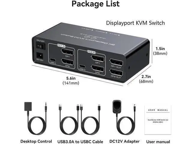 Alt view image 7 of 7 - 2 Port Dual Monitor DisplayPort KVM Switch 2 in 2 Out, 8K60Hz 4K120Hz Displayport KVM Switch for 2 Monitors 2 Computers Shared 4 USB Device Support DP1.4 With USB3.0 to USB C Cable - Aluminium