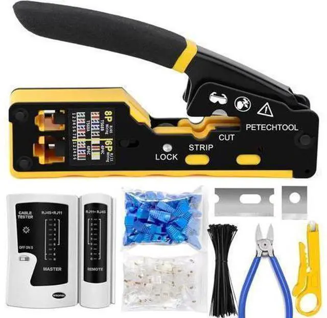 Main image of RJ45 Crimp Tool Pass Through Ethernet Crimping Tool Kit Cat6 Cat5e Cat6a RJ45 Crimper with Cable Tester, Cat6 Connectors with RJ45 Boot Covers, Mini Stripper, Blades and Cable Ties