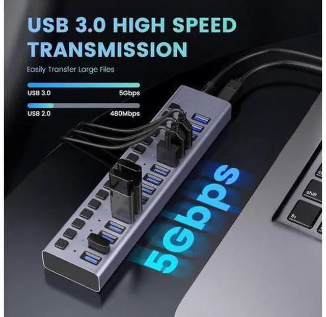 Alt view image 2 of 7 - Powered USB Hub,16 Ports USB 3.0 Data Hub, Individual On/Off Switches, 12V7.5A 90W Power Adapter, USB Hub 3.0 Splitter Extension for Laptop, PC, Computer, Mobile HDD (HS082-16U)