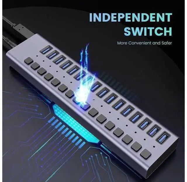 Alt view image 5 of 7 - Powered USB Hub,16 Ports USB 3.0 Data Hub, Individual On/Off Switches, 12V7.5A 90W Power Adapter, USB Hub 3.0 Splitter Extension for Laptop, PC, Computer, Mobile HDD (HS082-16U)