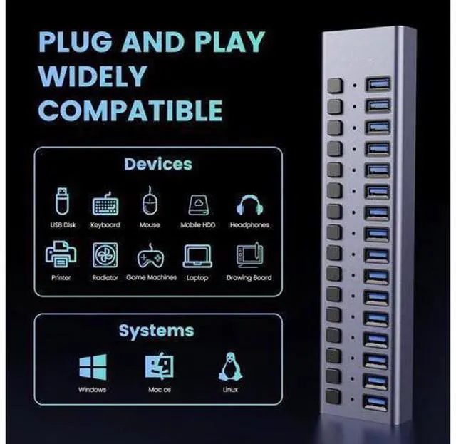 Alt view image 6 of 7 - Powered USB Hub,16 Ports USB 3.0 Data Hub, Individual On/Off Switches, 12V7.5A 90W Power Adapter, USB Hub 3.0 Splitter Extension for Laptop, PC, Computer, Mobile HDD (HS082-16U)