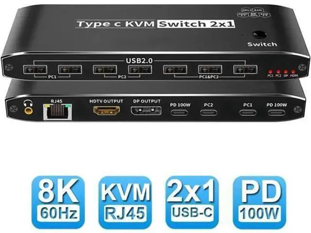 Main image of Vszerda 2x1 Type C KVM Switch, 8K Thunderbolt 4 USB C KVM Switch with Ethernet Port RJ45 100W PD Charge 4K 144Hz Type C KVM Switch Switcher for 2 Computer 1 Monitor