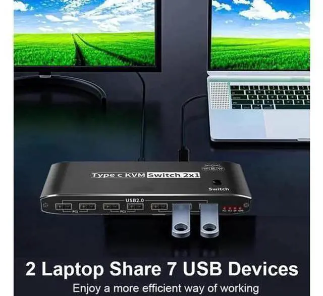 Alt view image 2 of 7 - Vszerda 2x1 Type C KVM Switch, 8K Thunderbolt 4 USB C KVM Switch with Ethernet Port RJ45 100W PD Charge 4K 144Hz Type C KVM Switch Switcher for 2 Computer 1 Monitor