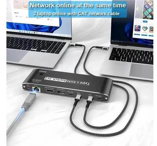 Alt view image 6 of 7 - Vszerda 2x1 Type C KVM Switch, 8K Thunderbolt 4 USB C KVM Switch with Ethernet Port RJ45 100W PD Charge 4K 144Hz Type C KVM Switch Switcher for 2 Computer 1 Monitor