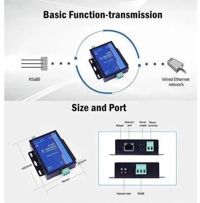 Alt view image 6 of 7 - USR-N510 New Version (H7-4) 1 Port RS485 to Ethernet Converter DC 5-36V Serial Device Server Up to 400Mhz Support Modbus RTU to Modbus TCP Virtual COM with 12V Power Adapter
