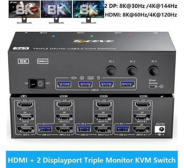 Main image of KVM Switch 3 Monitors 3 Computers 8K@60Hz, HDMI + 2* Displayport Triple Monitor KVM Switch with 4 USB 3.0 Ports for Keyboard Mouse Printer, Wired Remote, USB Cable and Power Adapter Included