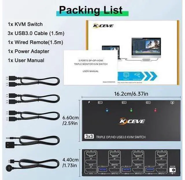 Alt view image 7 of 7 - KVM Switch 3 Monitors 3 Computers 8K@60Hz, HDMI + 2* Displayport Triple Monitor KVM Switch with 4 USB 3.0 Ports for Keyboard Mouse Printer, Wired Remote, USB Cable and Power Adapter Included
