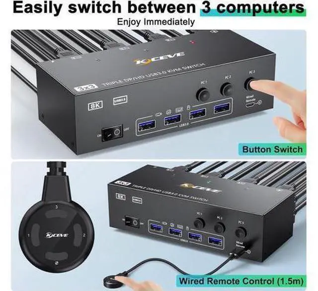 Alt view image 5 of 7 - KVM Switch 3 Monitors 3 Computers 8K@60Hz, HDMI + 2* Displayport Triple Monitor KVM Switch with 4 USB 3.0 Ports for Keyboard Mouse Printer, Wired Remote, USB Cable and Power Adapter Included