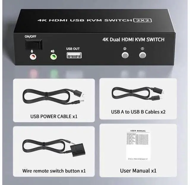Alt view image 5 of 7 - 2 Ports Dual Monitor KVM Switch, 4K@60Hz KVM Switch 2 Monitors 2 Computers, KVM Dual Monitor HDMI Switcher 2x2 for 2 Computers Share 2 Displays and 5 USB 2.0 Ports, Wired Remote and USB Power Cable