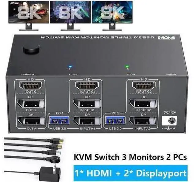 Main image of KVM Switch 3 Monitors 2 Computers 8K@60Hz 4K@144Hz, HDMI+2 Displayport Triple Monitor KVM Switch for 2 PC Share 3 Monitor and 4 USB 3.0 Port Keyboard Mouse, with Wired Remote and Power Adapter