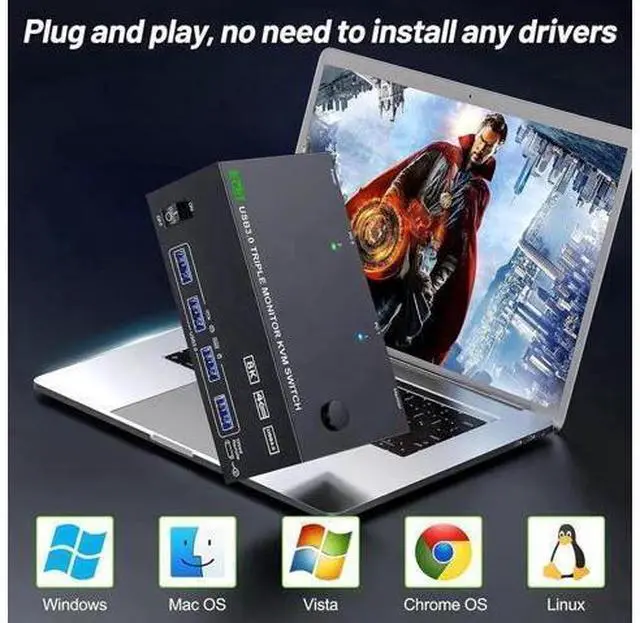 Alt view image 5 of 7 - KVM Switch 3 Monitors 2 Computers 8K@60Hz 4K@144Hz, HDMI+2 Displayport Triple Monitor KVM Switch for 2 PC Share 3 Monitor and 4 USB 3.0 Port Keyboard Mouse, with Wired Remote and Power Adapter