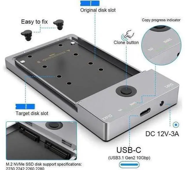 Alt view image 5 of 7 - NVMe M.2 Duplicator Dual-Bay Offline Clone 10Gbps USB C USB A to NVME Docking Station for M.2 SSD M Key Hard Drives Enclosure with NVME 2230 2242 2260 2280 Up to 8TB (Dual-Bay)