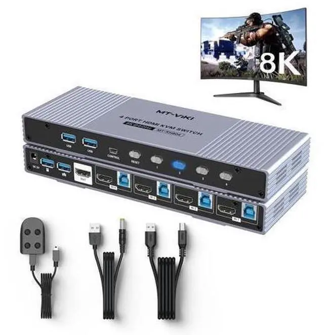 Main image of MT-VIKI 4K@120Hz/144Hz USB 3.0 HDMI KVM Switch 4 Port 8K@60Hz, Aluminum KVM Switch HDMI 2.1, HDR for Games (4 USB 3.0 Cable Included)