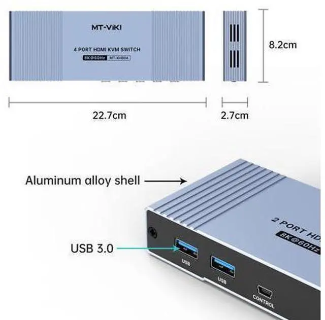 Alt view image 3 of 6 - MT-VIKI 4K@120Hz/144Hz USB 3.0 HDMI KVM Switch 4 Port 8K@60Hz, Aluminum KVM Switch HDMI 2.1, HDR for Games (4 USB 3.0 Cable Included)
