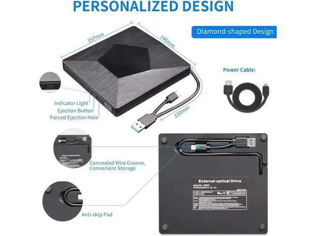 Alt view image 2 of 7 - JAENFONG External 3D Blu Ray DVD Drive Burner, Wihool Ultra Slim USB 3.0 and Type-C Blu Ray BD CD DVD Burner Player Writer Reader Disk for Mac OS, Windows xp/7/8/10, Laptop PC (Black)