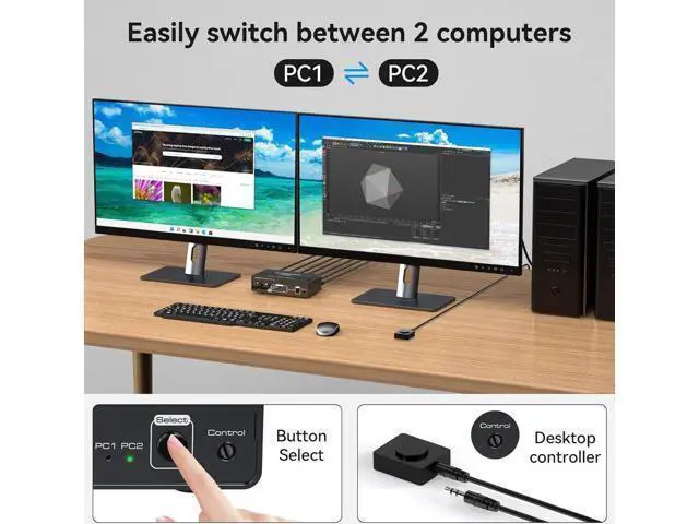 Alt view image 6 of 7 - 2 Port Dual Monitor DisplayPort KVM Switch 2 in 2 Out, 8K60Hz 4K120Hz Displayport KVM Switch for 2 Monitors 2 Computers Shared 4 USB Device Support DP1.4 With USB3.0 to USB C Cable - Aluminium