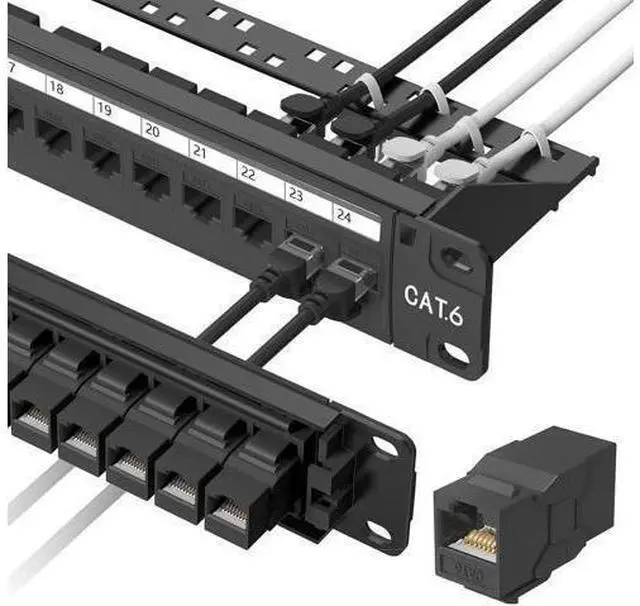 Main image of 24 Port Patch Panel Rackmount or Wall Mount 19-Inch, 1U Cat6 Network Panel Preloaded with 24 Keystone Couplers plus 1 Spare, 10Gbps Ethernet Patch Panel with Cable Management & Back Support Bar