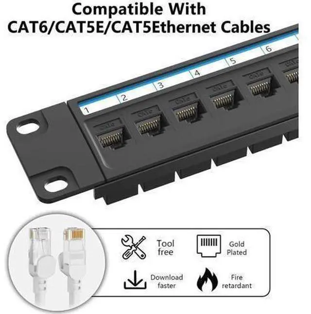 Alt view image 2 of 6 - 24 Port Patch Panel Rackmount or Wall Mount 19-Inch, 1U Cat6 Network Panel Preloaded with 24 Keystone Couplers plus 1 Spare, 10Gbps Ethernet Patch Panel with Cable Management & Back Support Bar