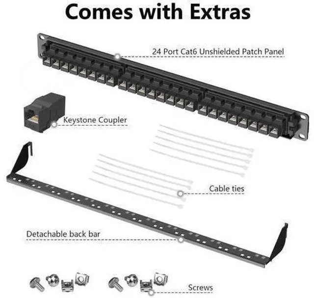 Alt view image 4 of 6 - 24 Port Patch Panel Rackmount or Wall Mount 19-Inch, 1U Cat6 Network Panel Preloaded with 24 Keystone Couplers plus 1 Spare, 10Gbps Ethernet Patch Panel with Cable Management & Back Support Bar