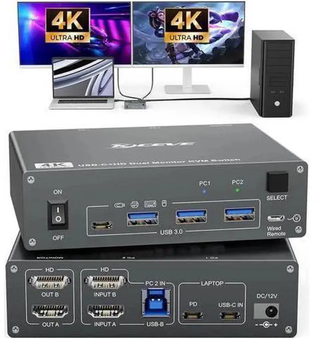 Main image of Vszerda 2 Port USB C HDMI KVM Switch 2 Computers 2 Monitors, Dual Monitor USB 3.0 USB Type C HDMI KVM Switch Supports 4K@60Hz for 2 Laptops that Share Keyboard, Mouse and Monitor, with Wired Remote