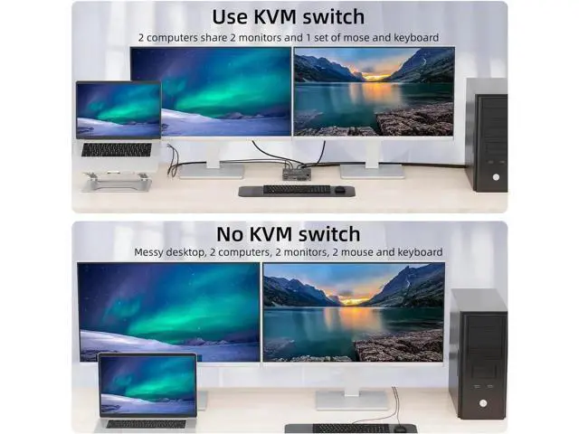 Alt view image 2 of 7 - Vszerda 2 Port USB C HDMI KVM Switch 2 Computers 2 Monitors, Dual Monitor USB 3.0 USB Type C HDMI KVM Switch Supports 4K@60Hz for 2 Laptops that Share Keyboard, Mouse and Monitor, with Wired Remote