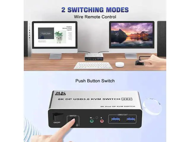 Alt view image 2 of 7 - USB 3.0 DisplayPort KVM Switch 2 Computers 2 Monitors 8K@60Hz 4K@144Hz, Dual Monitor Displayport KVM Switches with Audio Microphone Output and 3 USB 3.0 Ports, Desktop Controller & 2 USB Cable