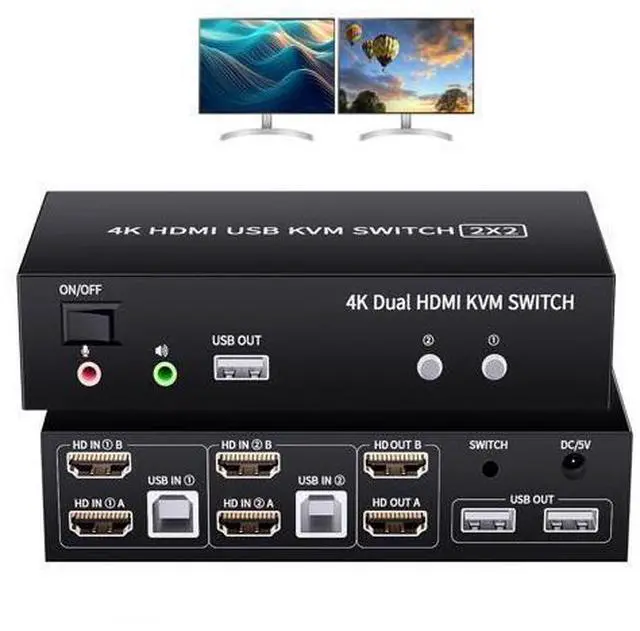 Main image of 2 Ports Dual Monitor KVM Switch, 4K@60Hz KVM Switch 2 Monitors 2 Computers, KVM Dual Monitor HDMI Switcher 2x2 for 2 Computers Share 2 Displays and 5 USB 2.0 Ports, Wired Remote and USB Power Cable