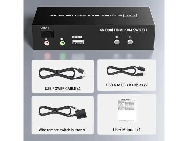 Alt view image 7 of 7 - 2 Ports Dual Monitor KVM Switch, 4K@60Hz KVM Switch 2 Monitors 2 Computers, KVM Dual Monitor HDMI Switcher 2x2 for 2 Computers Share 2 Displays and 5 USB 2.0 Ports, Wired Remote and USB Power Cable
