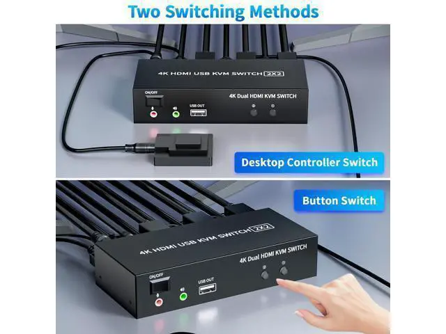 Alt view image 6 of 7 - 2 Ports Dual Monitor KVM Switch, 4K@60Hz KVM Switch 2 Monitors 2 Computers, KVM Dual Monitor HDMI Switcher 2x2 for 2 Computers Share 2 Displays and 5 USB 2.0 Ports, Wired Remote and USB Power Cable