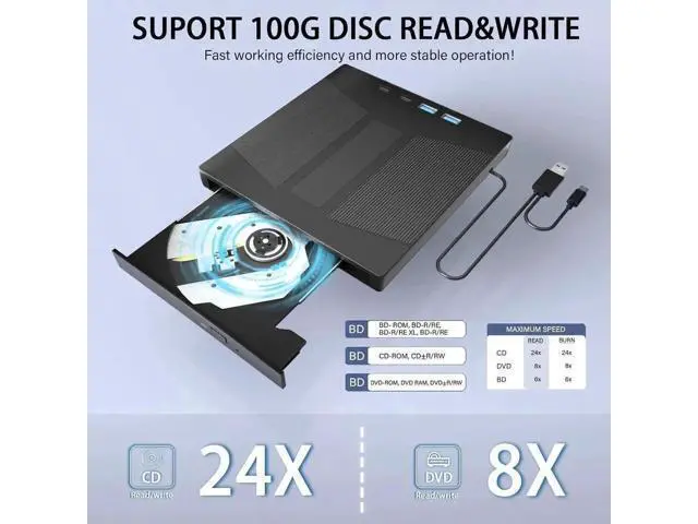 Alt view image 7 of 7 - Vszerda 7 in 1 External Blu-ray Drive, USB 3.0 Type-C BD DVD CD Player Portable CD DVD Burner with SD/TF Card Slot,Support 100G Disc R/W for PC Compatible with Windows XP/7/8/10/11 Mac Laptop Desktop