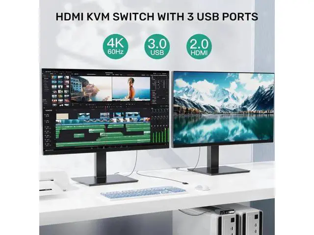 Alt view image 6 of 7 - HDMI KVM Switch 2 Monitors 2 Computers, Dual Monitor KVM USB Switcher 4K@60Hz, HDMI Extended/Mirror Display for 2 PC Share 2 Monitors, with 3 USB 3.0 Port, Desktop Controller and 2 USB Cables