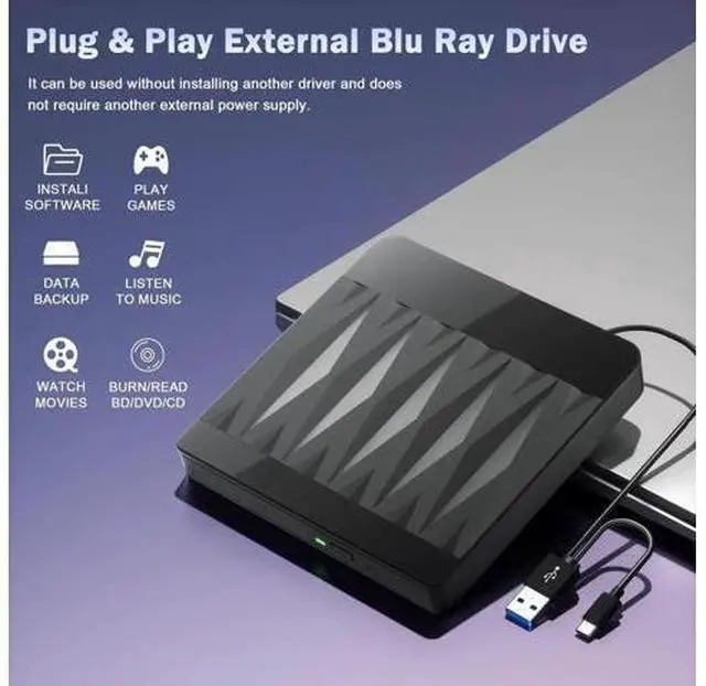 Alt view image 4 of 7 - Vszerda External Blu Ray Drive Support 50G Disc Read/Write, 3D Portable USB 3.0&Type-C External Blueray/DVD Drive for PC, CD/DVD/Blu Ray Burner Suitable for Windows MacOS Linux Laptop Desktop