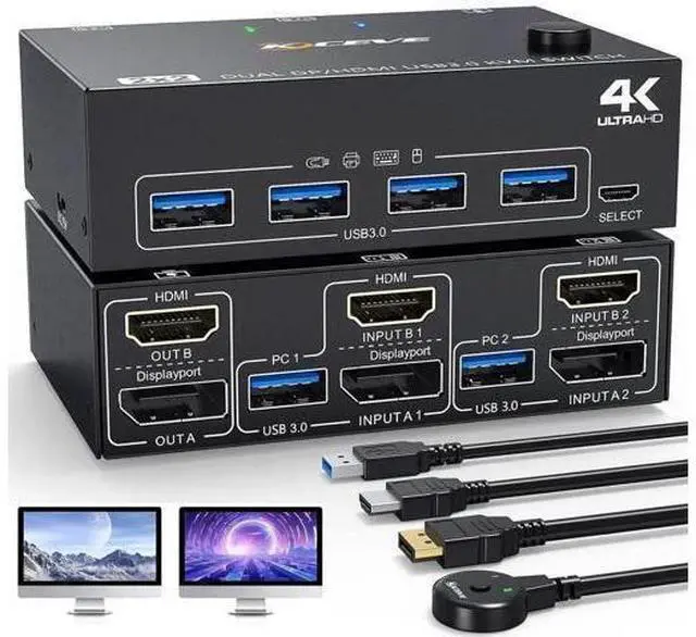 Main image of Vszerda KVM Switch 2 PC 2 Monitors 4K @ 60Hz 2K @ 120Hz, Displayport + HDMI Dual Monitors KVM Switch for 2 PCs that share 2 Monitors and 4 USB 3.0 Devices with HDMI + DP + USB Cable and Wired Remote