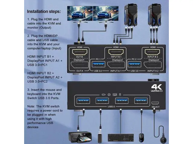 Alt view image 5 of 7 - Vszerda KVM Switch 2 PC 2 Monitors 4K @ 60Hz 2K @ 120Hz, Displayport + HDMI Dual Monitors KVM Switch for 2 PCs that share 2 Monitors and 4 USB 3.0 Devices with HDMI + DP + USB Cable and Wired Remote