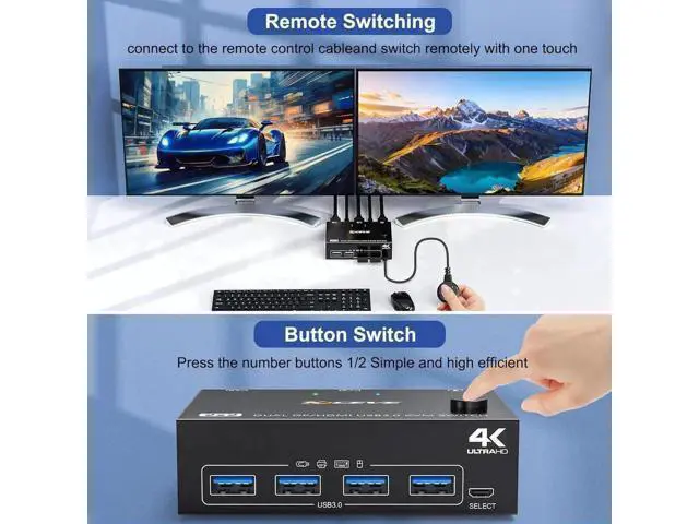 Alt view image 3 of 7 - Vszerda KVM Switch 2 PC 2 Monitors 4K @ 60Hz 2K @ 120Hz, Displayport + HDMI Dual Monitors KVM Switch for 2 PCs that share 2 Monitors and 4 USB 3.0 Devices with HDMI + DP + USB Cable and Wired Remote