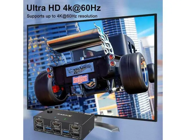 Alt view image 6 of 7 - Vszerda KVM Switch 2 PC 2 Monitors 4K @ 60Hz 2K @ 120Hz, Displayport + HDMI Dual Monitors KVM Switch for 2 PCs that share 2 Monitors and 4 USB 3.0 Devices with HDMI + DP + USB Cable and Wired Remote