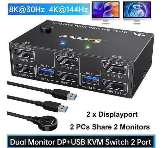 Main image of Vszerda 8K USB 3.0 Displayport KVM Switch 2 Monitors 2 Computers 8K@30Hz 4K@144Hz, Dual Monitor Displayport 1.4 KVM Switches with 4 USB 3.0 Port for USB Devices, Wired Remote and USB Cables Included