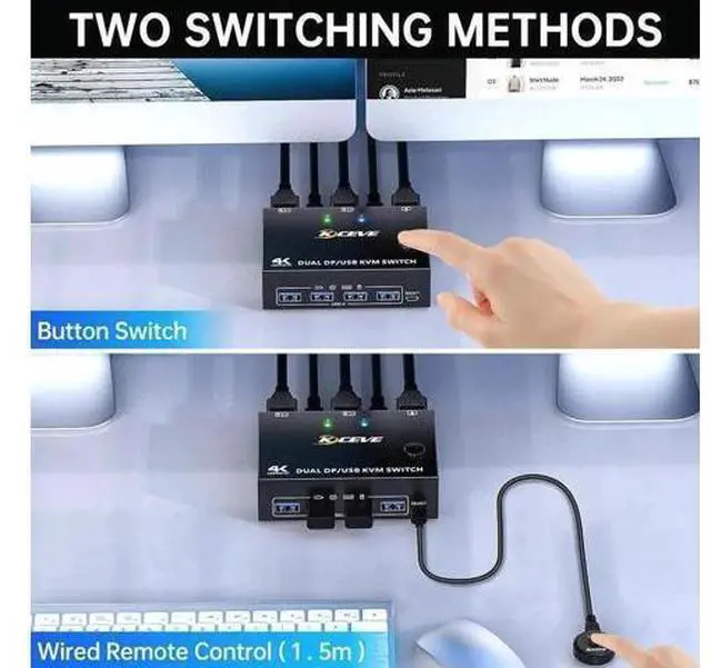 Alt view image 3 of 7 - Vszerda 8K USB 3.0 Displayport KVM Switch 2 Monitors 2 Computers 8K@30Hz 4K@144Hz, Dual Monitor Displayport 1.4 KVM Switches with 4 USB 3.0 Port for USB Devices, Wired Remote and USB Cables Included