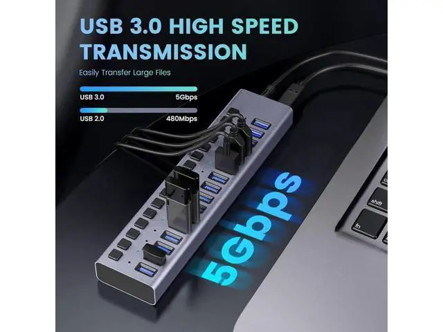 Alt view image 3 of 7 - USB Hub 3.0, 16 Port USB Hub Splitter with Individual On/Off LED Switches, 5Gbps HighSpeed Data USB Extension for Laptop, iMac, USB Flash Drives, Mobile HDD, Printer, Camera and More