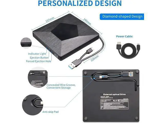 Alt view image 2 of 7 - Vszerda External 3D Blu Ray DVD Drive Burner, Wihool Ultra Slim USB 3.0 and Type-C Blu Ray BD CD DVD Burner Player Writer Reader Disk for Mac OS, Windows xp/7/8/10, Laptop PC (Black)
