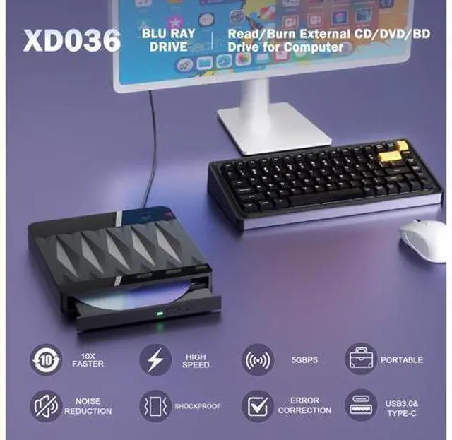Alt view image 3 of 7 - Vszerda External Blu Ray Drive Support 50G Disc Read/Write, 3D Portable USB 3.0&Type-C External Blueray/DVD Drive for PC, CD/DVD/Blu Ray Burner Suitable for Windows MacOS Linux Laptop Desktop