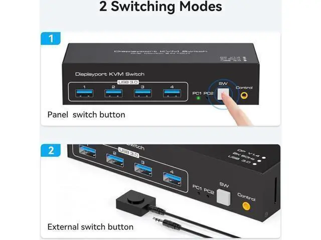 Alt view image 6 of 7 - Vszerda 8K Displayport KVM Switch Dual Monitor 4K@120Hz USB 3.0 KVM Switches for 2 Computers Share 2 Monitors and 4 USB Devices, 12V/1A DC Adapter, Wired Extension Button and 2 USB 3.0 Cables Included