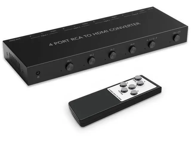 Alt view image 2 of 6 - 4 Port RCA to HDMI Converter 1080P/720P RCA Composite CVBS AV Switch to HDMI Converter Adapter Support 4:3/16:9 Switch, for Sega Xbox PS1 PS2 PS3 N64 NGC SNES WII VHS VCR Camera DVD(With Remote