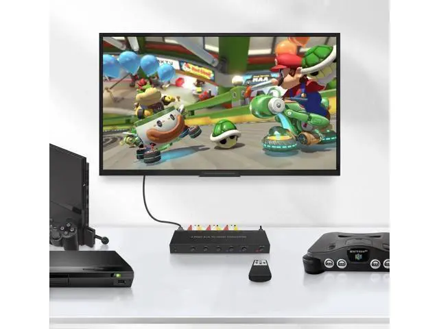 Alt view image 5 of 6 - 4 Port RCA to HDMI Converter 1080P/720P RCA Composite CVBS AV Switch to HDMI Converter Adapter Support 4:3/16:9 Switch, for Sega Xbox PS1 PS2 PS3 N64 NGC SNES WII VHS VCR Camera DVD(With Remote